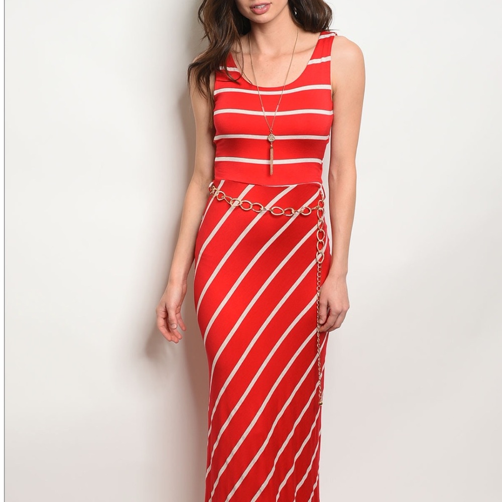 Red & Ivory Striped Open Back Maxi Dress 06018 - Picture 3 of 4